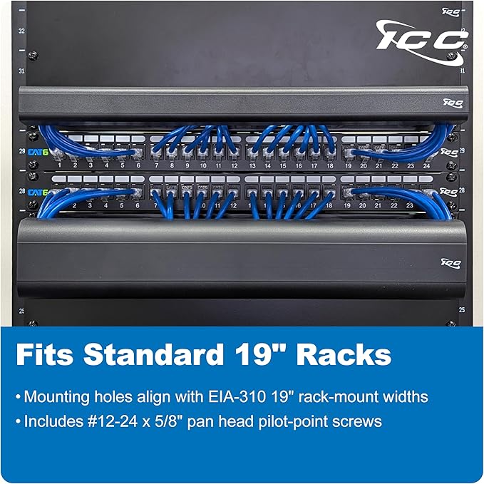 ICC 2U Ring Cable Manager Panel with Cover, Plastic with Metal Back Frame, 4" D-Rings, Horizontal Cable Management, Rackmount for 19” Network Racks, Black, Single Pack