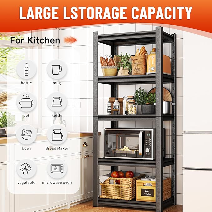 Kitchen Storage Rack，5 Tier Shelving Unit，Metal Adjustable Shelf，1650LBS Steel Shelving Rack，Storage Racks for Kitchen Bathroom Pantry Closet Laundry (5TIER-63 H*15.8" W*11.8" D)