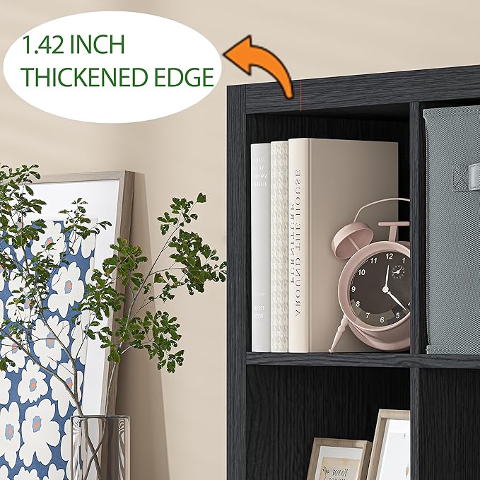 Bookshelf with Storage Bin, 6-Cube Storage Organizer, Modern Wood Open Bookcase, Multifunctional Display Shelf for Living Room, Bedroom, Home Office, Black