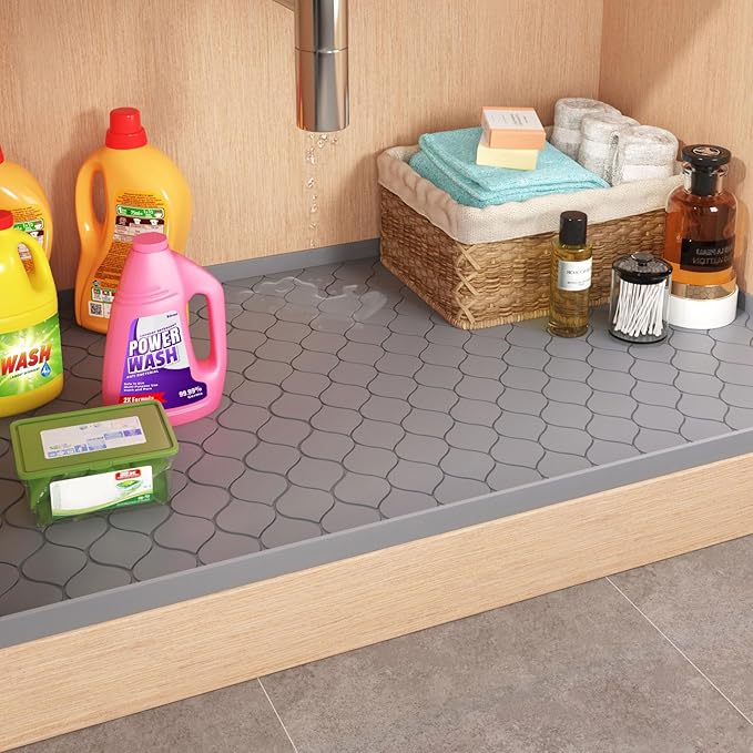 Silicone Under Sink Mat 37" x 19", kitchen Essentials and Gadgets, Shelf liner and Cabinet Protector, Home Organizers and Storage, Waterproof Bathroom Tray