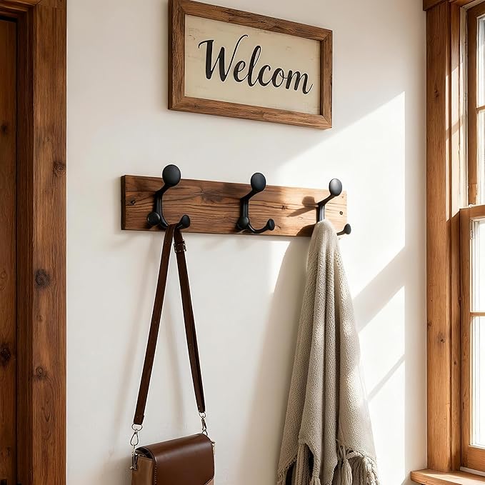 SKOLOO 17-Inch Wood Coat Rack Wall Mount with 3 Triple Hooks - Ideal for Family Entrances, Classrooms, and Pet Supplies Storage - Perfect Coat Hooks for Wall,Charred Golden Brown