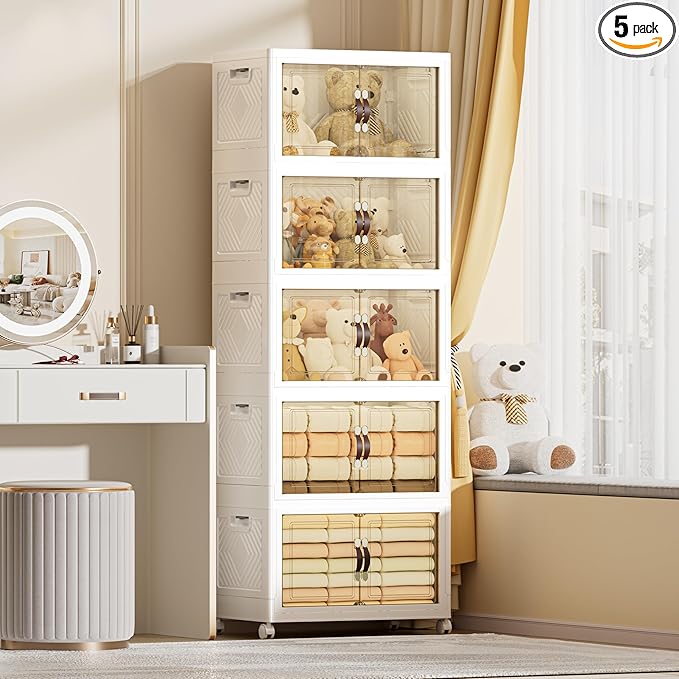 332 QT / 83 Gal Extra Wide Foldable Plastic Cabinet with Double Magnetic Doors & Leather Handles - Stackable, 4 Locking Wheels, Space Saving Storage for Small Spaces