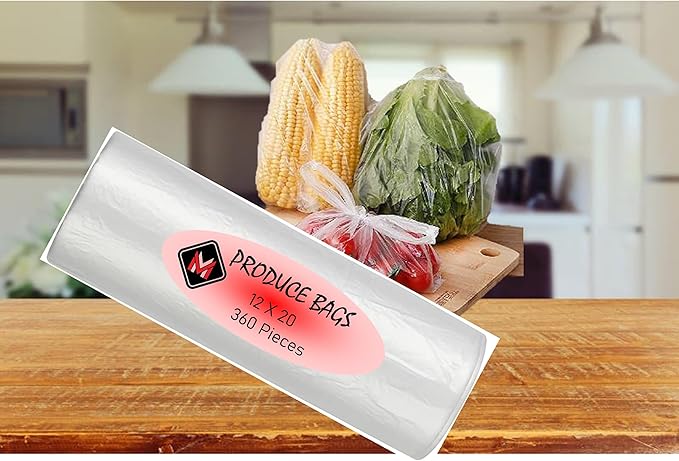 Mr Miracle Plastic Produce Bags for Food Storage - 12"x20" Clear Grocery Bag for Fruits, Vegetables, Bread - Easy Peel-Off Design, Continuous Roll, 1.75" Core, Pack of 1440 Bags [4 rolls]