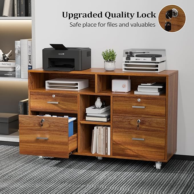 VINGLI Wide 4 Drawer Lockable Rolling File Cabinet with Open Shelves - Walnut Wood Lateral File Cabinet Printer Stand for Home Office, Letter Sized