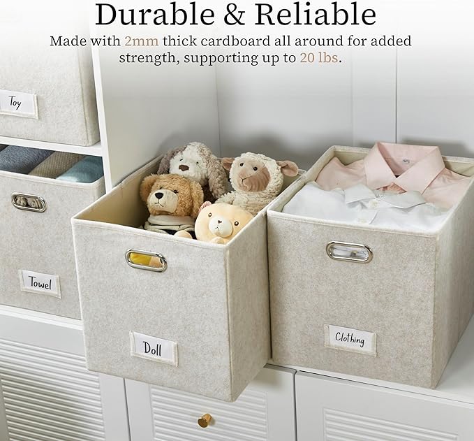 DECOMOMO Felt Storage Bins 13x15x13 Storage Cube Bins with Labels, Baskets for Organizing Shelves (Kallax / 4pcs, Beige)