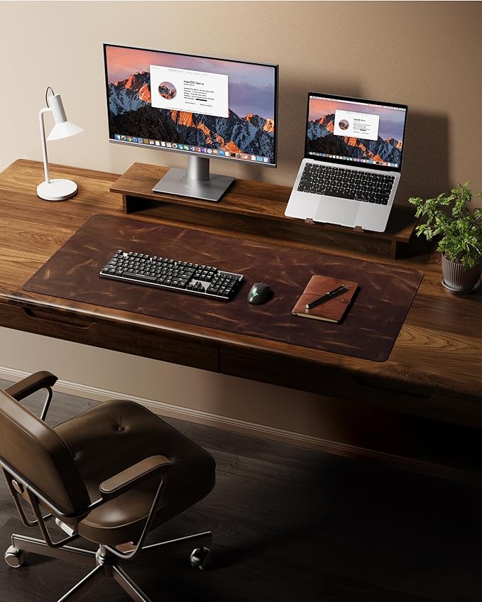 YSAGi Leather Desk Mat, 23.6"x13.8"Real Leather Desk Pad, 3mm Thick Desk Blotter with Stiched line,Oil-Wax Feel Mouse pad and Self-Healing Laptop Pad for Home & Office(Classic Dark Brown)