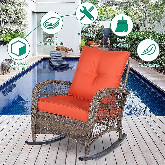 VIVIJASON 2 Piece Patio Wicker Rattan Rocker Chair, Outdoor Rattan Rocker Chair with Cushions & Steel Frame, All-Weather Rocking Lawn Wicker Furniture for Garden Backyard Porch (Orange)