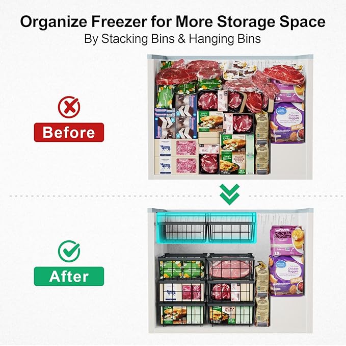 iSPECLE Large Expandable Freezer Organizer Bins - 4 Pack Chest Freezer Organizer Bins, for 10 to 20 Cu.FT Deep Freezer, 1 Hanging Basket and 3 Stackable Freezer Bins, Black