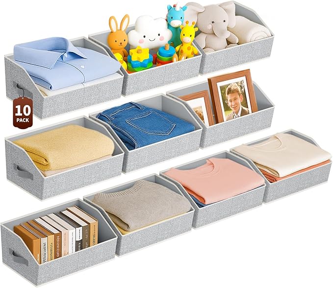 Large Closet Organizers and Storage Bins - 10 Pack Trapezoid Storage Baskets for Shelves, Foldable Fabric Baskets with Handles Ideal for Closet, Basket, Wardrobe and Shelf Storage, Beige
