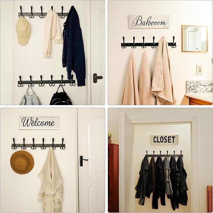 Dseap Coat Rack Wall Mount 2.0 Pro: 24” Long, 3X Tougher, Heavy Duty Stainless Steel Wall Coat Hanger with 6 Tri Hooks for Clothes Jackets Hats Entryway Closet, Black
