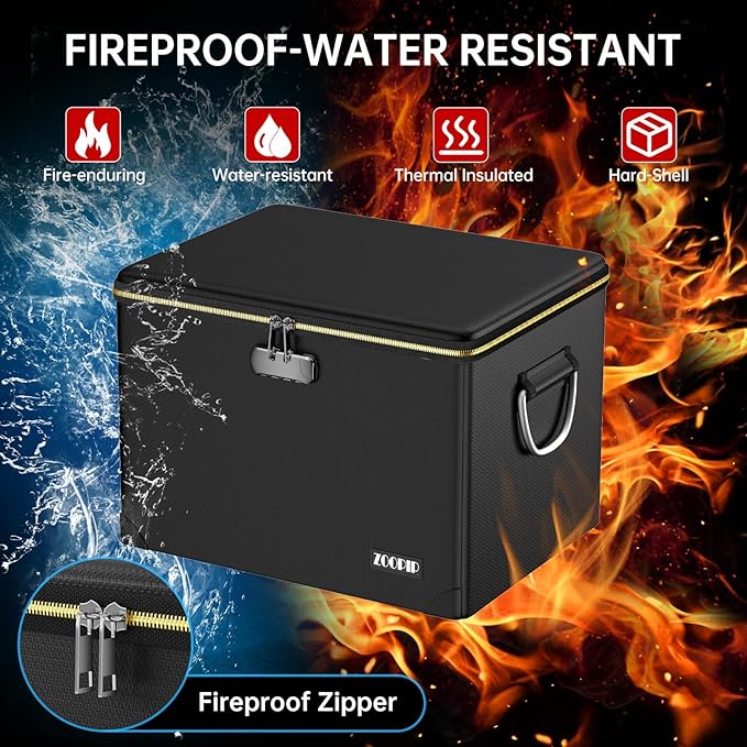 Fireproof Document Box,Hard Case File Organizer with Fireproof Zipper&Threads,Non-Foldable Filing Cabinet with Lock, Portable Office Safe Box Storage for Hanging Letter Folder,Valuables,Black