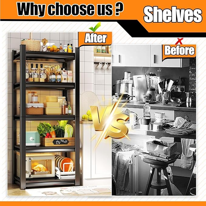 Garage Storage Shelves,5 Tier Shelving Unit, 40 inch Wide, 18” Deep, 78” Tall Organizer Metal Shelf for Basement/Laundry/Pantry Heavy Duty, Adjustable,Easy to Install (4Tier-24"WX14"DX44"H)