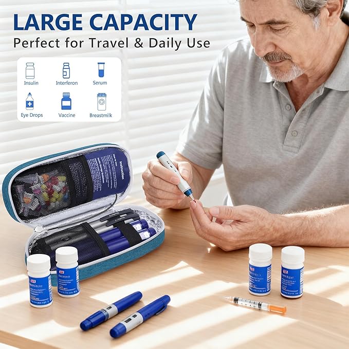 Insulin Cooler Travel Case TSA Approved with Temperature Display – Diabetic Medication Travel Case with 2 × 90g Ice Packs, Portable Medicine Organizer for 3–4 Insulin Pens and Diabetic Supplies(Blue)