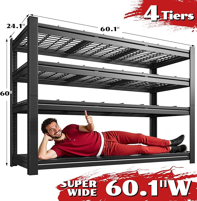 60.1" W Storage Shelves Extra Wide Metal Shelving 2500LBS Garage Shelving Adjustable 4 Tier Garage Shelves Industrial Metal Shelf for Basement Warehouse Shop 60.1" W x 24.1" D x 60" H
