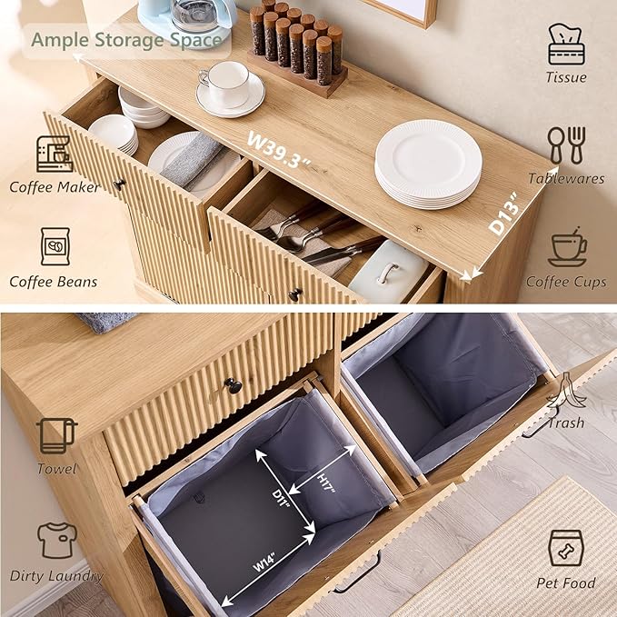 Modern Double Tilt-Out Laundry Hamper Cabinet, 20 Gallon Fluted Trash Can Cabinet with 2 Drawers, Wooden Hidden Garbage Can Cabinets with Laundry Basket, for Bathroom and Kitchen, Natural Oak