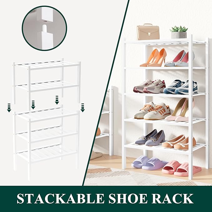 Smiry Bamboo Shoe Rack for Closet, 5 Tier Small Wooden Stackable Shoe Organizer, Free Standing Shoes Storage Shelf for Entryway, Front Door Entrance, White