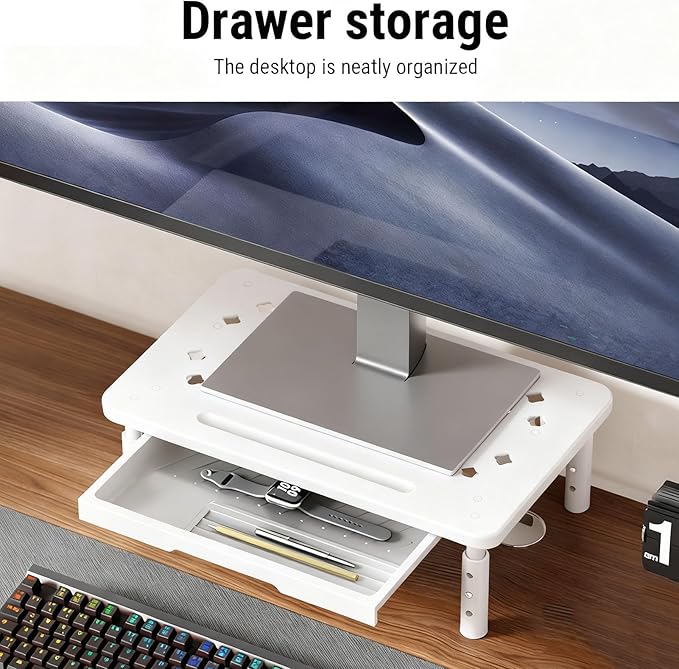 Diyeeni Computer Monitor Stand Riser, Desk Organizers and Accessories with Drawer, Laptop Stand for Desk, Adjustable Height 10.5-14.5cm, 20KG Bearing, Ventilation Hole (White)