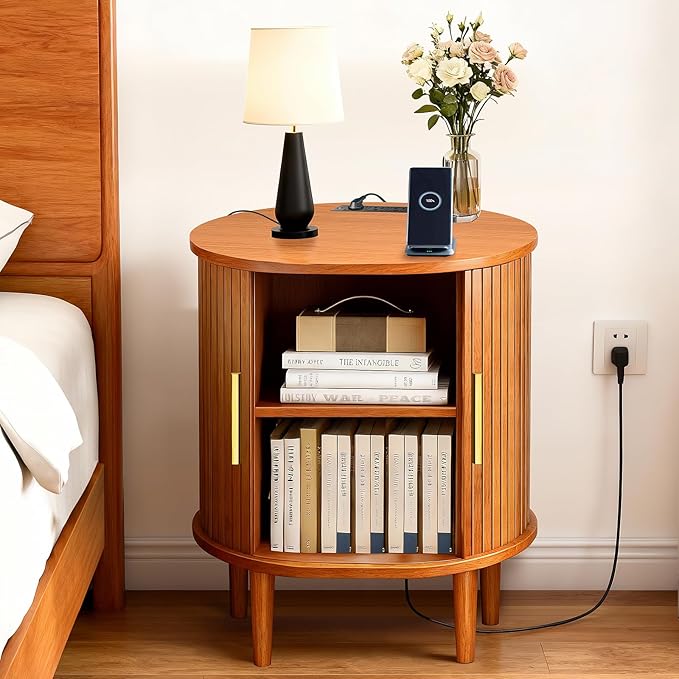 Nightstands Set of 2 & Charging Station, Fluted Accent Side Table with Sliding Door & Adjustable Shelf, Mid-Century Modern End Table for Small Space, Living Room, Bedroom (2, Yellow Walnut)