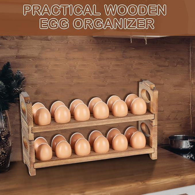 Wooden Egg Holder & Storage-3Tier /36-Hole Stackable Holds Fresh Eggs, Farmhouse Eggs Rack Wood, Rustic Countertop Chicken Egg Organizer Wood with Distressed Finish for Home Kitchen Decoration