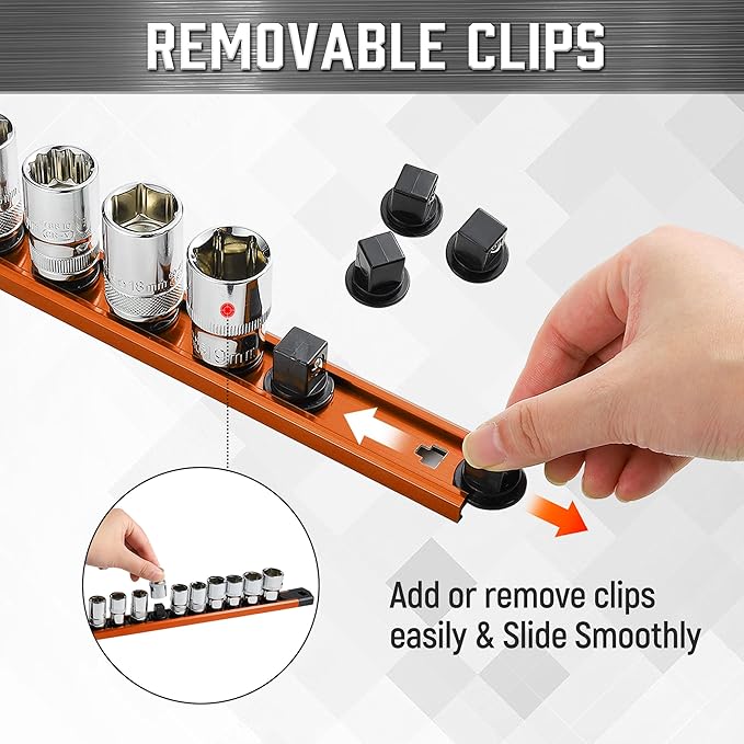 ALOANES 6-Piece Magnetic Socket Organizer, Heavy Duty Aluminum Socket Rails Organizer, 360° Swivel Clips Socket Holder Kit for Tool Box, 1/2, 3/8, 1/4-Inch Socket Holder x 80 Clips (Orange)