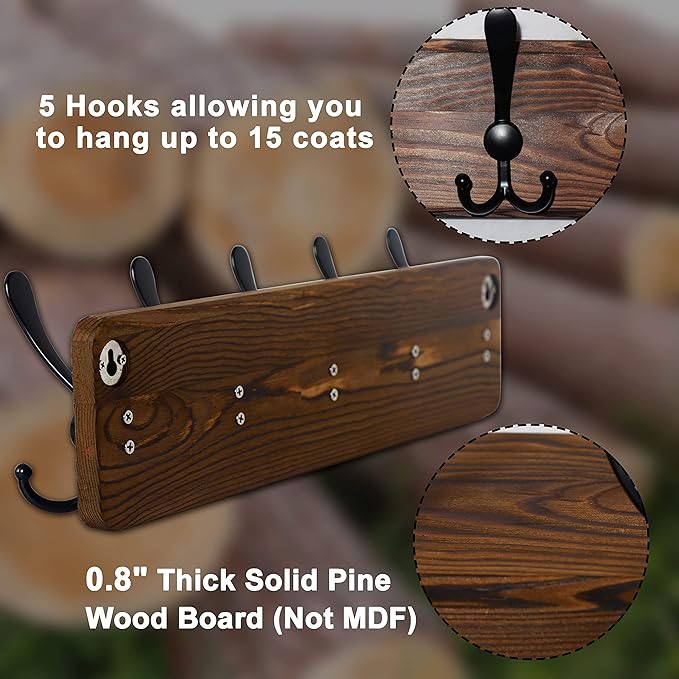 Dseap Coat Rack Wall Mount - Heavy-Duty Robust Rustic Wooden Wall Coat Hanger Hook Rail with 5 Triple Hooks for Winter Jacket & Hat Clothing, Light Brown & Black