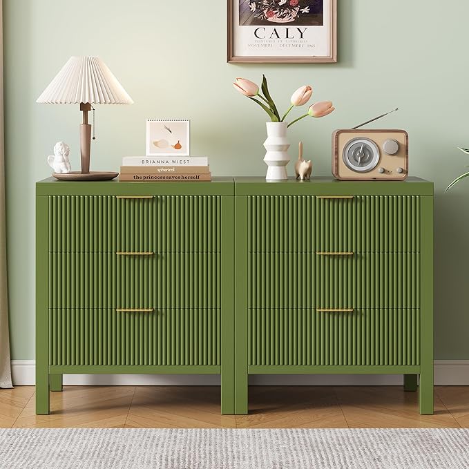 6 Drawer Dresser, Modern Wood Storage Chest of Drawers Organizer with Waveform Panel, Fluted Dresser with Wide Drawers and Golden Handles for Bedroom, Hallway, Entryway, (Green *2)