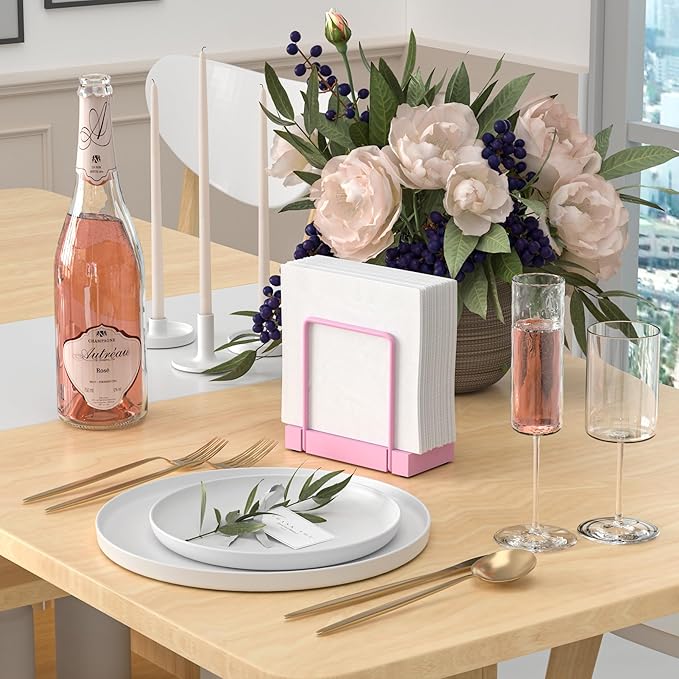 Wican Napkin Holder for Table, Pink Kitchen Accessories Appliances for Table Farmhouse Cocktail Picnic Rustic Bamboo Iron Wood Holders for All Dining Room Decor Pink