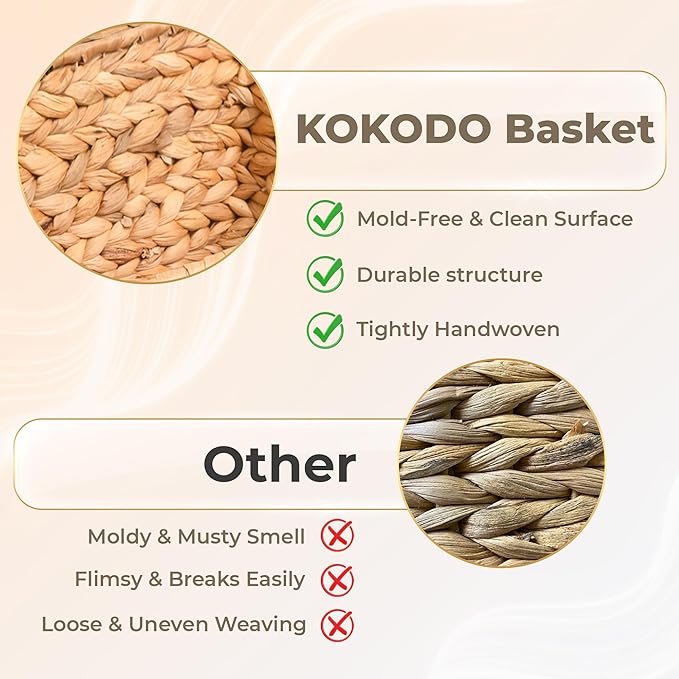 KOKODO Rectangular Water Hyacinth Basket with Lid for Organizing, Wicker Basket with Lid for Shelves and Closet, Handwoven Storage Basket with Lid and Handles