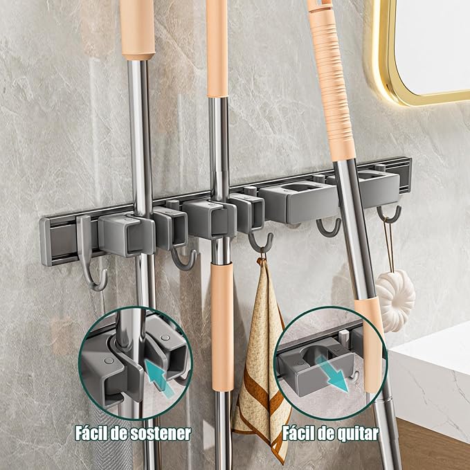 Broom Holder Wall Mount Movable Hooks and Clips Mop and Broom Hanger Wall Mounted Aluminum Garage Tool Organizer Storage adhesive (30cm, Grey)