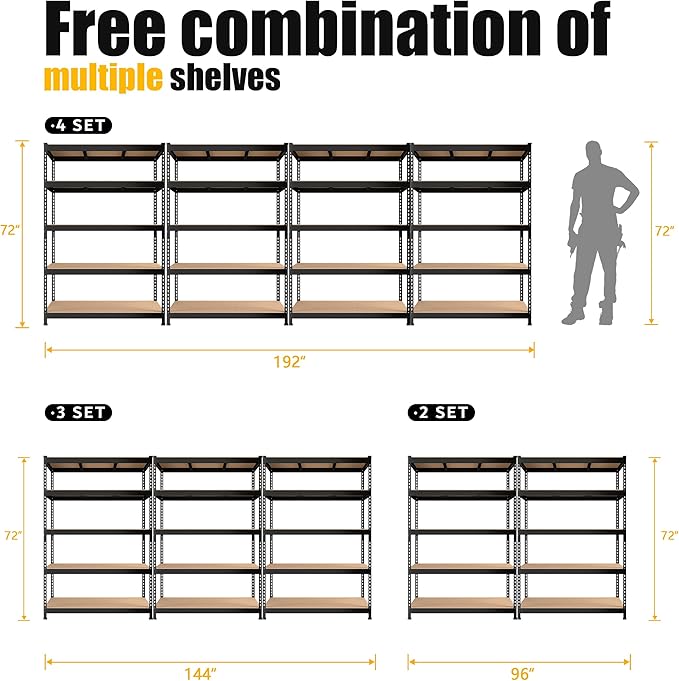 PrimeZone 2 Pack Storage Shelves 48" x 24" x 72" - 5 Tier Heavy Duty Adjustable Garage Storage Shelving, Metal Storage Utility Rack Shelf Unit for Warehouse Pantry Closet Kitchen, Black