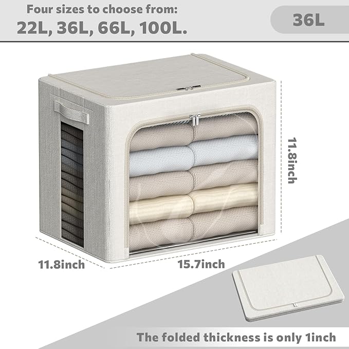 FHSQX 2 Pack Clear Window Storage Bins - Large Stackable Linen Fabric Storage for Clothes Foldable Container Organizer Set with Carrying Handles (Lvory White, 15.7x 11.8x 11.7 Inch)