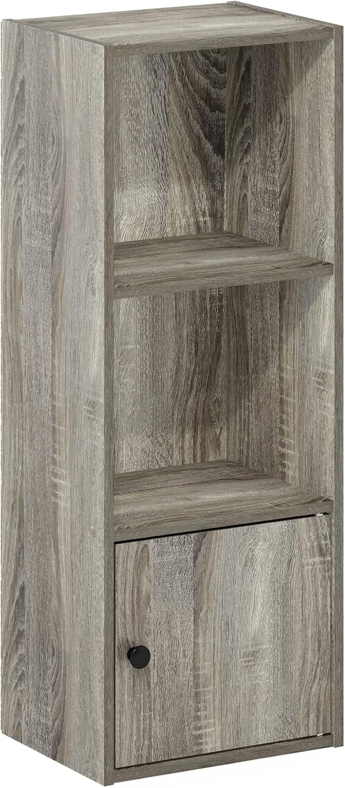 Furinno LUDER Book Shelf, 3-Tier Modern Bookshelf, Bookcase with 1 Door Storage Cabinet, 9.3 x 12 x 31.5, for Living Room, Bedroom, Home Office, French Oak