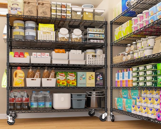 PrimeZone 4 Packs 48" W x 24" D x 81" H Heavy Duty Wire Storage Shelves with Wheels, 5 Tier Adjustable NSF Certified Garage Shelving Unit, Rolling Metal Organizer Shelf Rack for Warehouse, Pantry