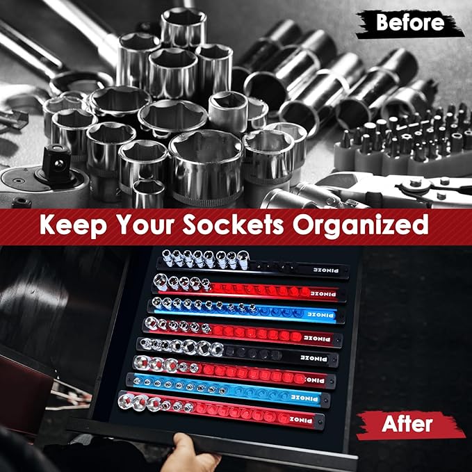 8PCS Magnetic Socket Holder Organizer Set - 1/4, 3/8, 1/2 - Aluminum Alloy Socket Rail Trays for Tool Box Drawer, Socket Rack Kit with 114Pcs Clips for Automotive Garage(Blue Red Black)