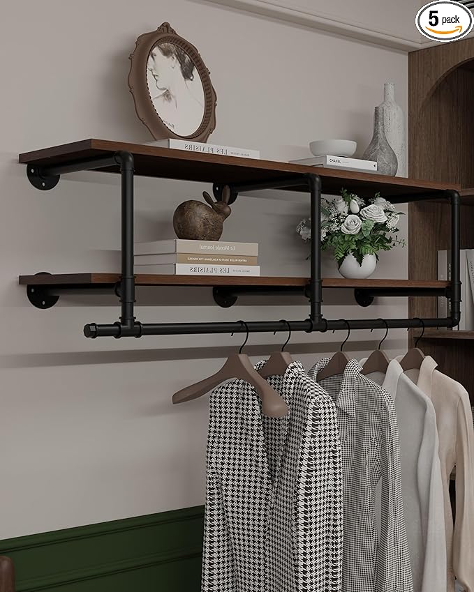 Wall Mounted Clothes Rack 12 Inch Deep, 48 Inch Heavy Duty Garment Rack with Real Walnut Wood Shelf, Multi-Purpose Hanging Rod & Space-Saving Closet Storage Organizer