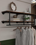 Wall Mounted Clothes Rack 12 Inch Deep, 48 Inch Heavy Duty Garment Rack with Real Walnut Wood Shelf, Multi-Purpose Hanging Rod & Space-Saving Closet Storage Organizer