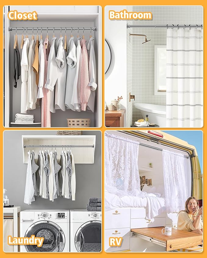 Closet Rod, 17 to 64 Inch Heavy Duty Adjustable Metal Clothing Rack for Hanging Clothes, Closet Poles for Wardrobes, Laundry, Durable Steel, Silver