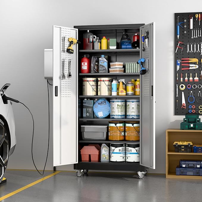 Upgraded Wide & Deep Metal Garage Storage Cabinet with Wheels & Pegboard, Lockable Metal Storage Cabinets with 2 Doors&5 Adjustable Shelves for Garage&Home,Assembly Required,Black Gray