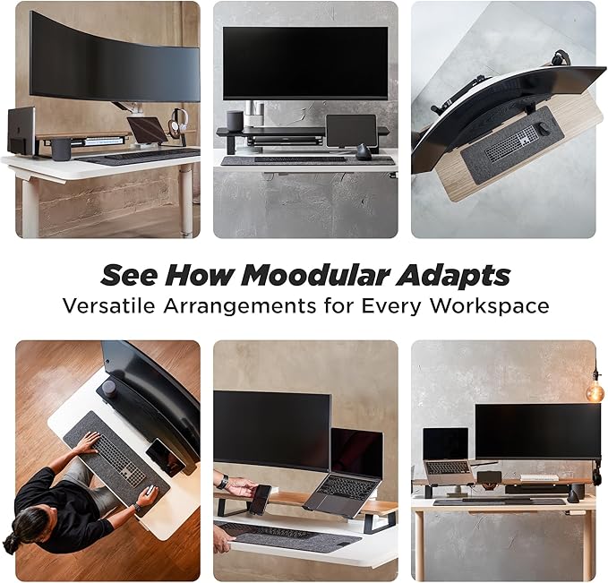 Moodular Wooden Monitor Stand 45.6” (116cm) Large Desk Organizer with Metal Slide Rails for Drawer, Tray, Laptop, Tablet, Phone & Headphones Customizable Riser for Organized Workspace Oak