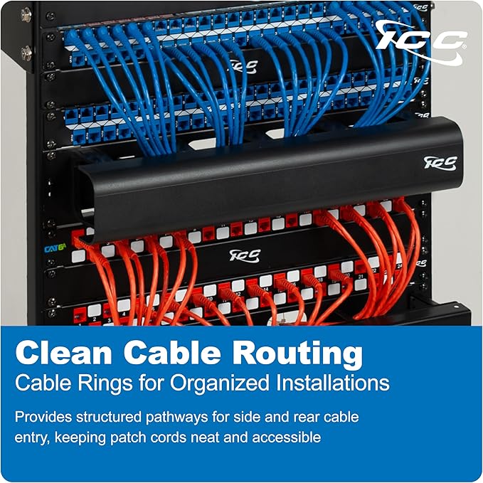 ICC 2U Ring Cable Manager Panel with Cover, Plastic with Metal Back Frame, 4" D-Rings, Horizontal Cable Management, Rackmount for 19” Network Racks, Black, Single Pack