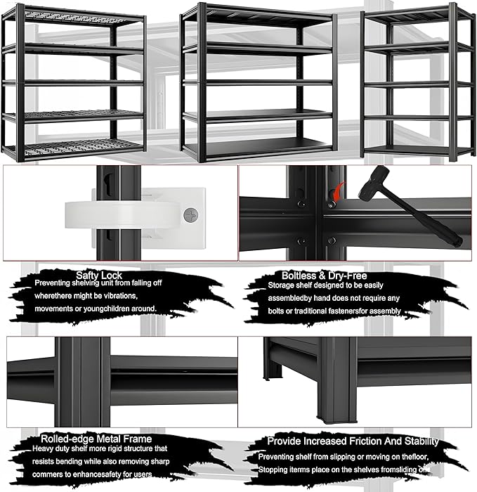 Storage Shelving Unit Heavy Duty Garage Shelves Metal Organizer Utility Rack for Kitchen Pantry Basement Pantry Warehouse Laundry Black 5-Tier 84" H x 55" W x 23.7" D 3000LBS