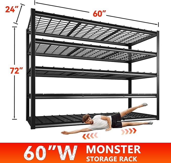REIBII 60" W Garage Shelving Heavy Duty Metal Shelving 3000LBS Storage Shelves Adjustable Metal Shelves for Industrial 5 Tier Garage Shelves for Basement Pantry Warehouse 60" W x 24" D x 72" H 2 Pack