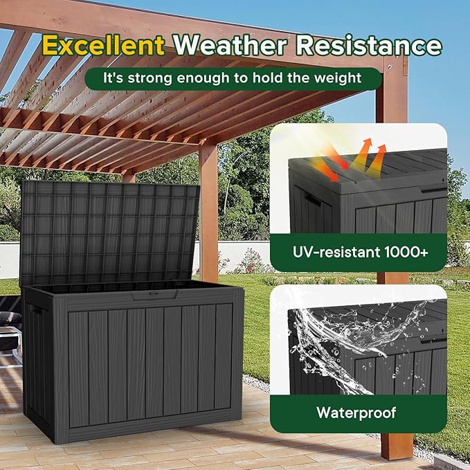 46 Gallon Outdoor Deck Box,Storage Lockable Waterproof Patio Furniture,Garden Tools,Cushions,Pool Accessories Outside Storage Resin Box(Black)