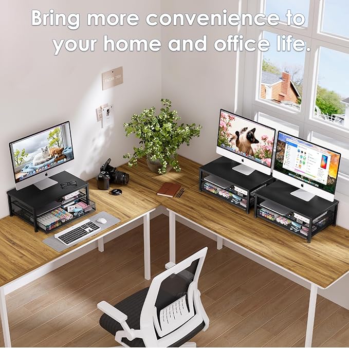 OPNICE Computer Monitor Stand Riser, Desk Organizers and Accessories with Drawer, Laptop Stand, Office Desk Accessories & Workspace Desktop Organizers Storage for Office Supplies(Black)