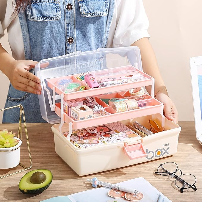 12'' Three-Layer Clear Plastic Storage Box/Tool Box, Multipurpose Organizer and Portable Handled Storage Case for Art Craft and Cosmetic (White)