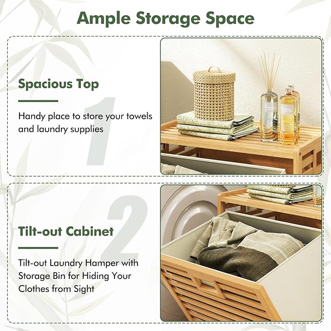Giantex Tilt Out Laundry Hamper, Bamboo Laundry Storage Cabinet with Removable & Foldable Fabric Bin, Top Shelf, Laundry Basket Organizer for Bathroom, Laundry Room, Living Room, Bedroom, Natural