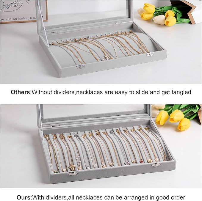 Frebeauty 15 Hooks Necklace Tray Velvet Neckalce Organizer with Clear Lid Lockable Necklace Holder Box Jewelry Organizer for Pendants Chains Necklace Jeweley Tray for Women Girls(Beige)