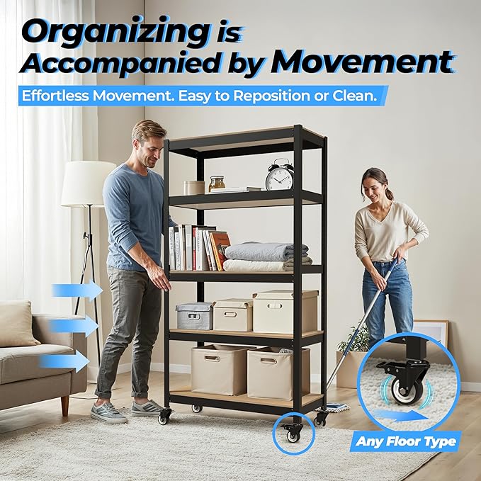 HOMEDANT House 5-Tier Metal Boltless Rolling Cart Shelf Rack Casters Heavy Duty Wheel Shelving Unit Adjustable Utility Storage Shelves Organizer Shelf Kitchen Garage 48.1" W x 18.5" D x 75.4" H 4Pack