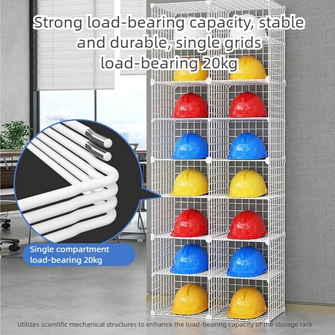 Stackable Safety Helmet Storage Boxes, Large Adjustable Hard Hat Placement Organizer Rack,with Wheels,for Construction Site/Garage/Workshop/Factory Helmet Display Shelf (White, 32 Grids-4 * 8)