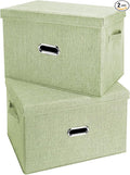 Large Linen Fabric Foldable Storage Bins with Removable Lid and Handles, Washable Storage Box Organizer Containers Baskets Cube with Cover for Bedroom,Closet,Office (Green, Large(2-Pack))
